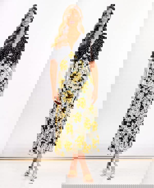 Yellow Floral Flutter Sleeve Midi Dress