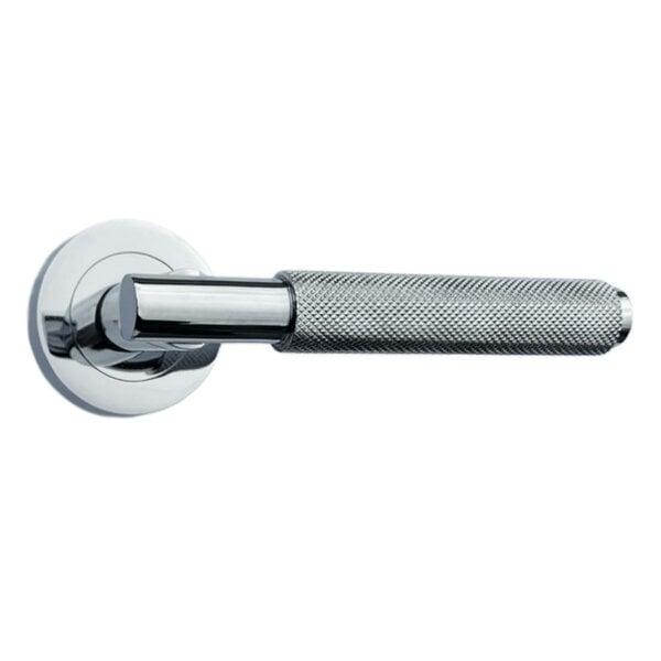 EDH Door Hardware Polished Chrome Knurled Door Handles on Round Rose – Handle Sets
