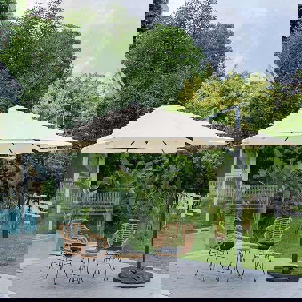 300cm Wide Garden Parasol Outdoor Hanging UV Resistant and Waterproof Umbrella for Patio Parasols Living and Home Parasol + Cross Base + Round Water Tank Beige