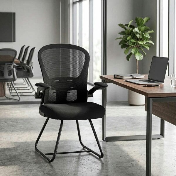 Reception Chair, Conference Meeting Office Chair with Flip-up Armrest, Mesh Backrest, Lumbar Support and Metal Base