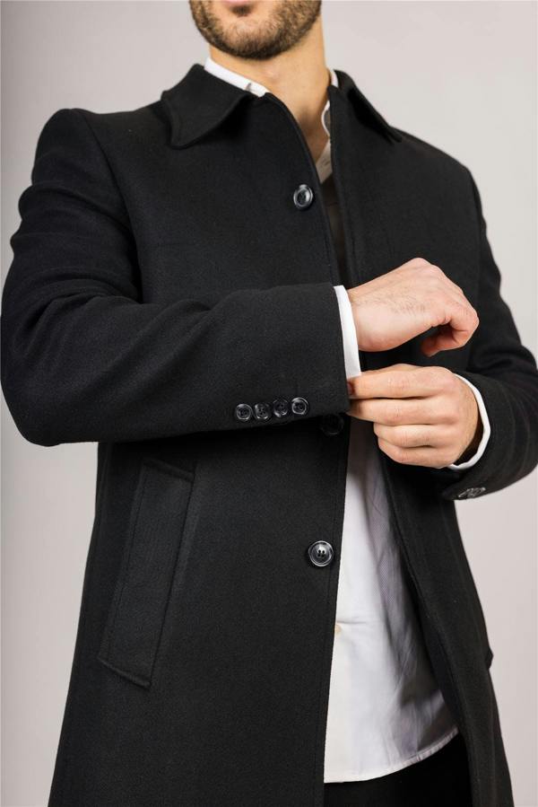 Infinity Leather Men's Wool Blend Classic Collar Black Overcoat