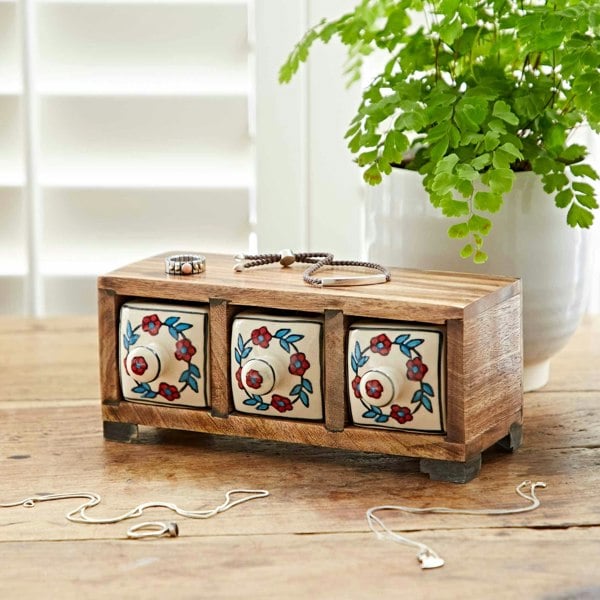 Paper High White Floral Mango Wood 3 Drawer Jewellery Box