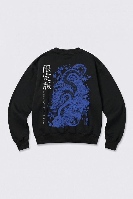 Oversized Japanese Dragon & Floral Graphic Sweatshirt in Black