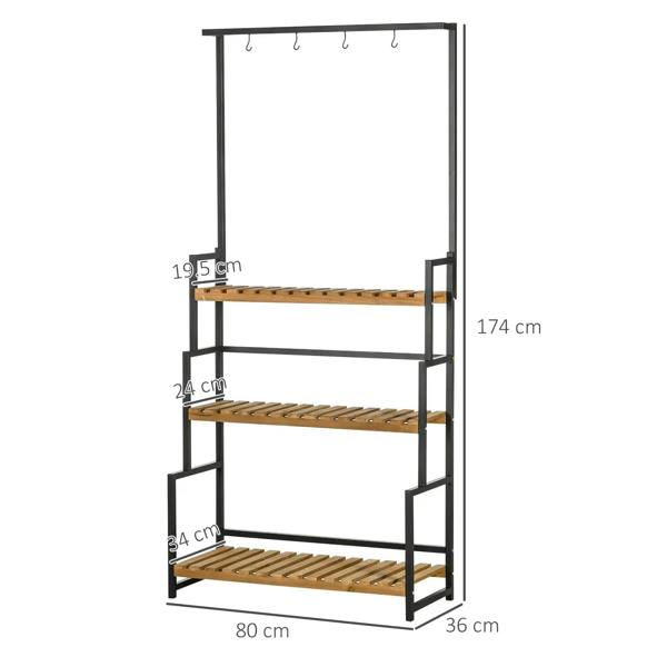 3-tier plant stand with hanging hooks, black frame and light wood shelves, 80x36x174 cm