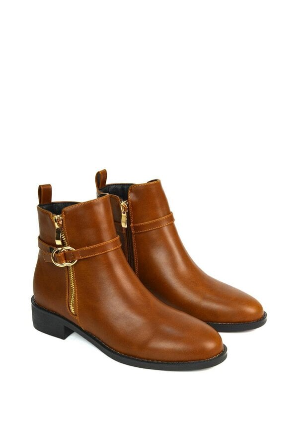XY LONDON Flat Low Heel Ankle Booties With Decorative Buckle and Zip