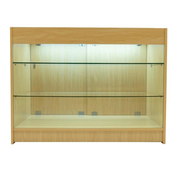 Astro LED shop counter set in maple wood finish, featuring glass shelves and LED lighting for enhanced product display