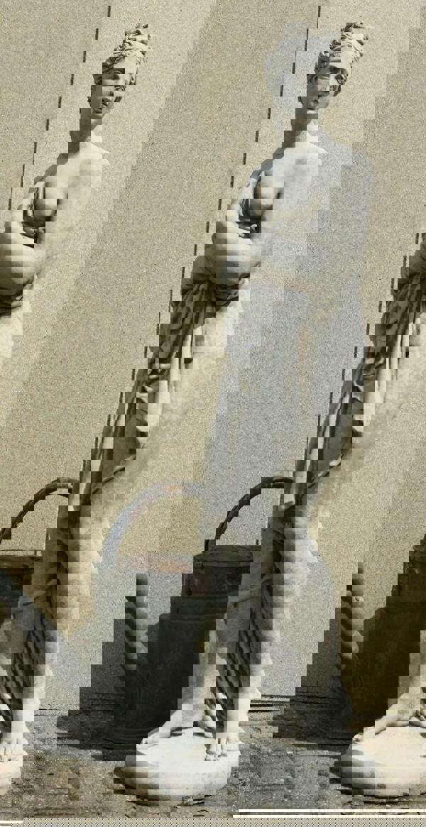 Large Stone Cast Pandora Lady Statue on Column