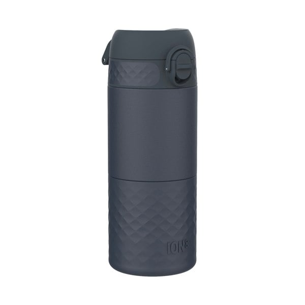 A dark-gray ION8 water bottle stands upright against a white background. Its textured base and lid feature a geometric pattern.