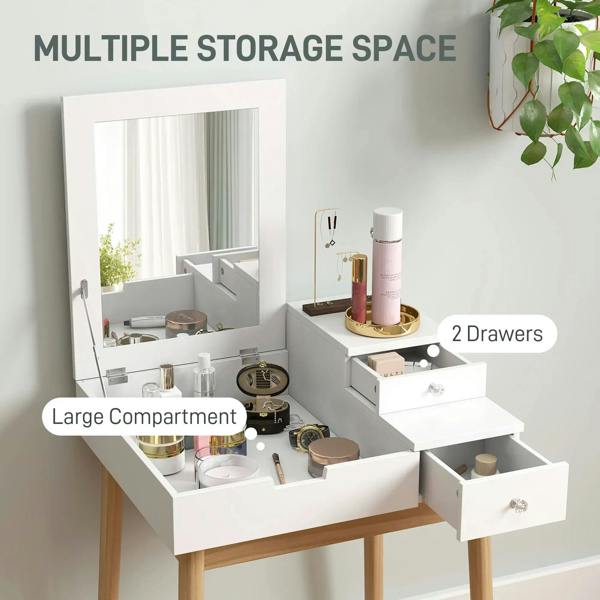 White vanity table with flip-up mirror and two drawers, open compartments for cosmetics