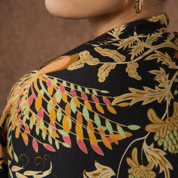 Phoenix Garden Wool Silk Scarf – Black Floral Wrap, Hand-Rolled Hem, Winter Gift