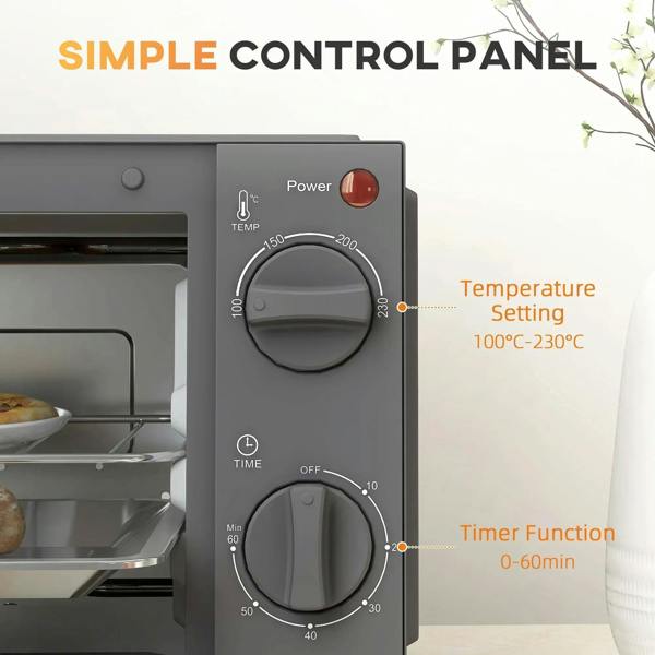 Grey mini oven control panel with temperature dial, time dial, and power indicator light.