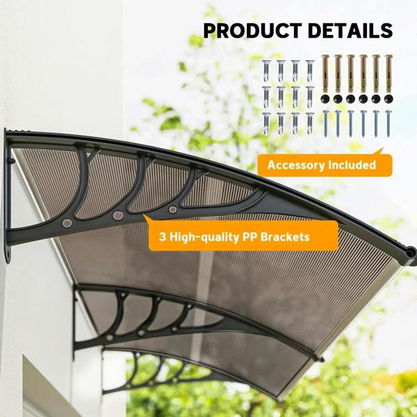 Brown polycarbonate door canopy with three PP bracket rows and accessory hardware