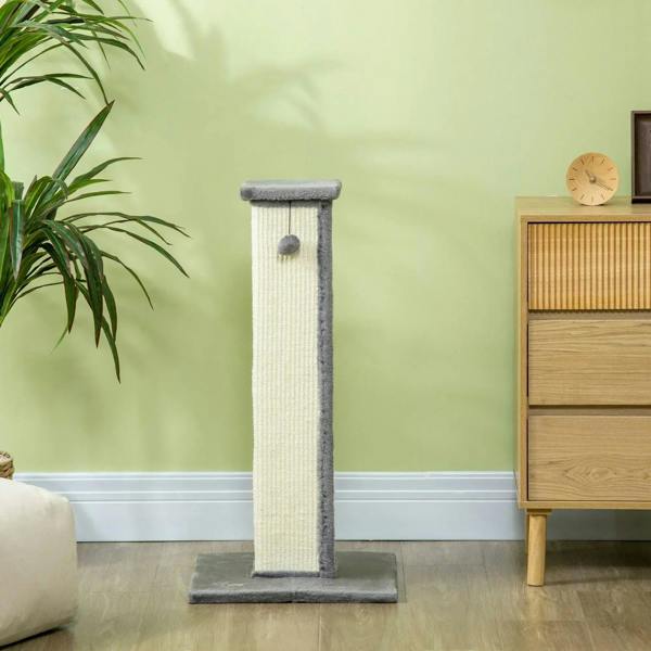 Standalone vertical cat scratcher post with sisal rope, grey plush edges, and dark base