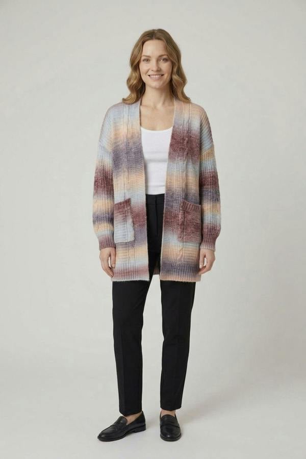 Brown | Striped Open Front Longline Cardigan