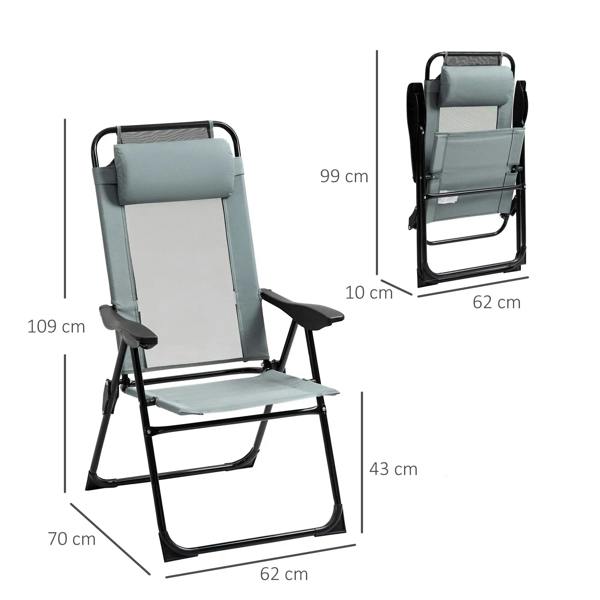 Grey portable folding recliner chair with padded headrest and adjustable backrest