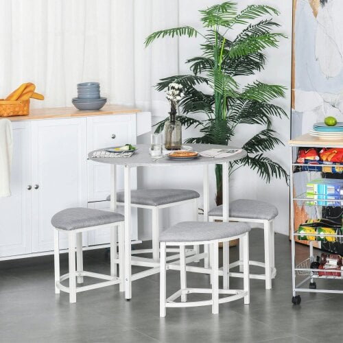 Wyld Haus Bavino Metal And Fabric Grey Round Dining Table With 4 Upholstered Stools