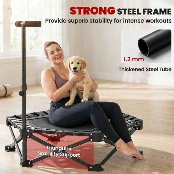 42" Foldable Mini Trampoline, One-Step Fold & Open, Rebounder Trampoline with 3-Level Adjustable Handle for Adults