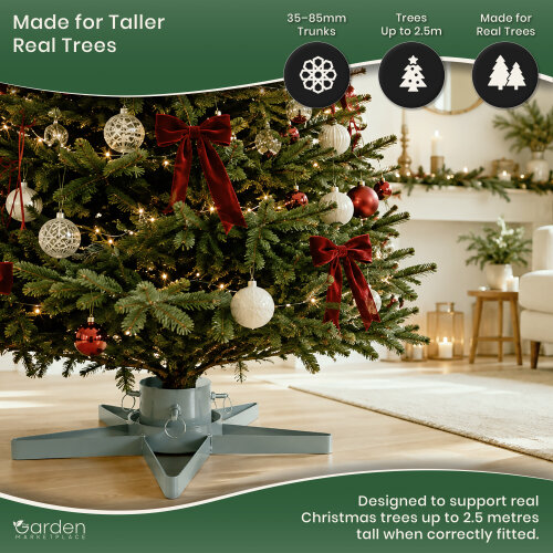 Star-Shaped Silver Christmas Tree Stand with Water Tank, Fits Real Trees up to 2.5m, 3 Screw Clamps for 35-85mm Trunks