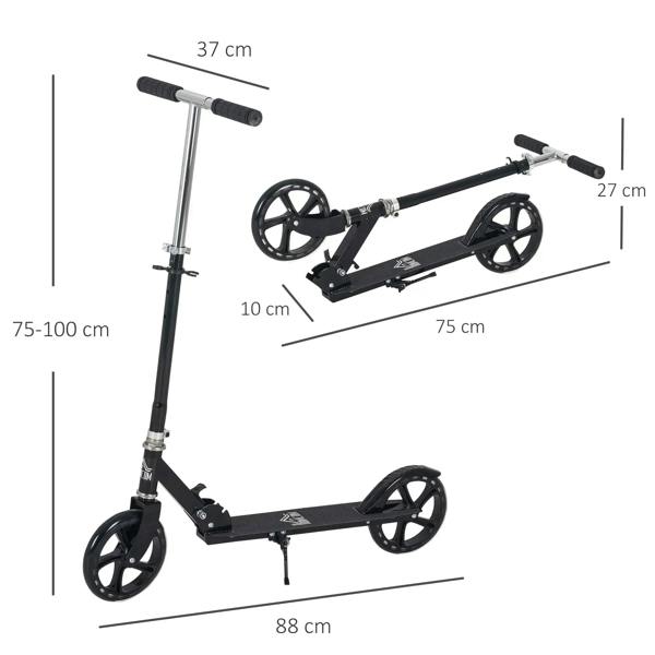 Black adjustable kids kick scooter with size measurements for handlebar and deck