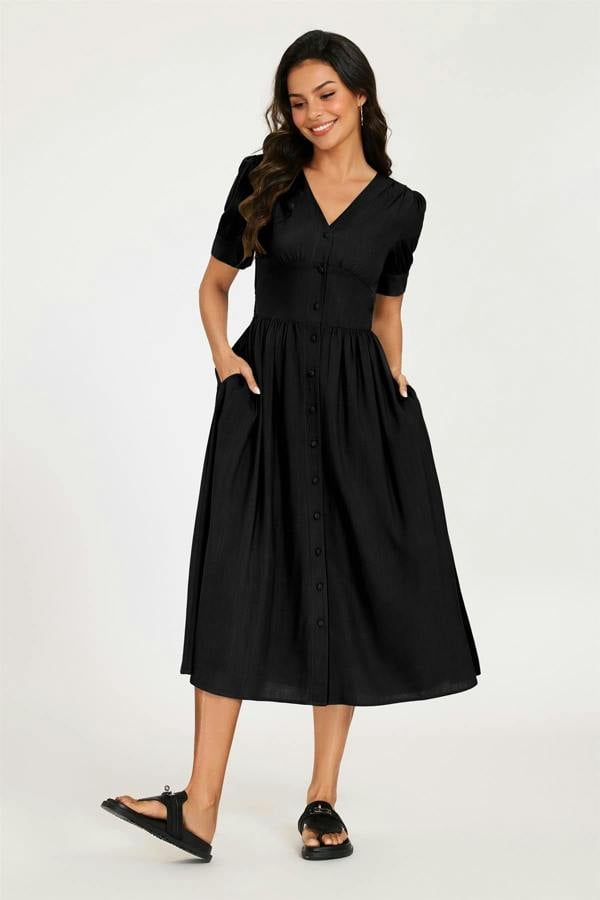FS Collection Button Front Short Sleeve Midi Dress In Black