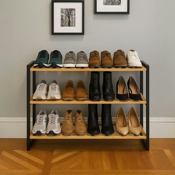 Neo Black Natural 3-Tier Bamboo Shoe Rack Stand Natural Wooden Shoe Storage Shelf for Hallway Bedroom Bathroom