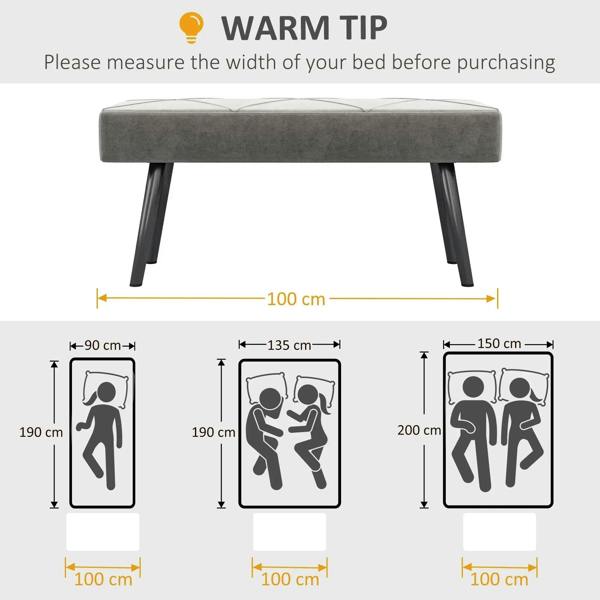 Grey upholstered bench with rectangular seat and dark steel legs, top view