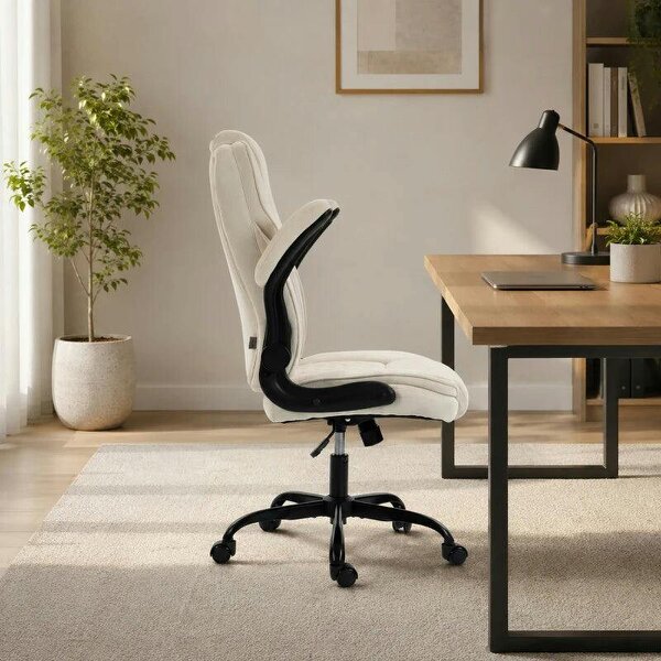 Office Chair, Ergonomic Desk Chair with Flip-up Armrest, Pocket Springs, Swivel Wheels, Adjustable Height, Beige
