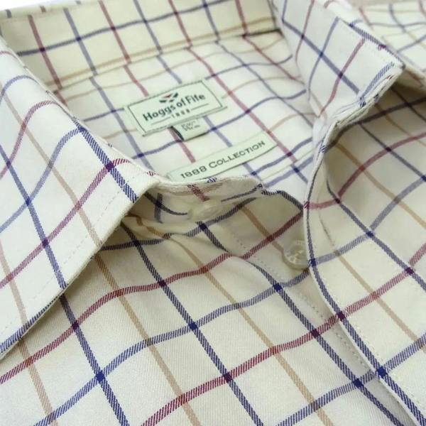Detailed view of Hoggs of Fife Ambassador Tattersall shirt fabric, highlighting soft cotton weave, classic check, and button finish for country wear