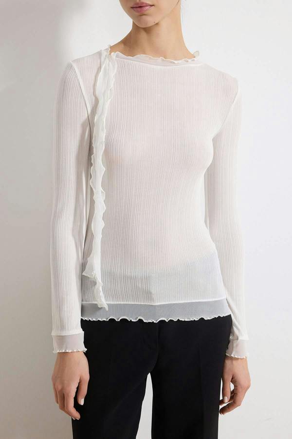 WOVCOR Transparent Fitted Long Sleeve Frill Detail Textured Knit Blouse