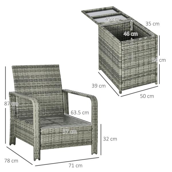 Wyld Haus Nola Nora Gey Rattan 3 Piece Bistro Set With Storage Coffee Table And Orange Cushions