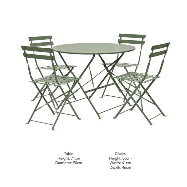 Four-seater thistle green metal folding bistro table and chairs set layout showing product dimensions.