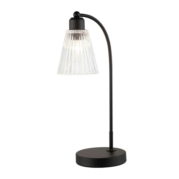 Traditional Matte Black Arch Desk Table Lamp with Clear Ribbed Shade Image 1