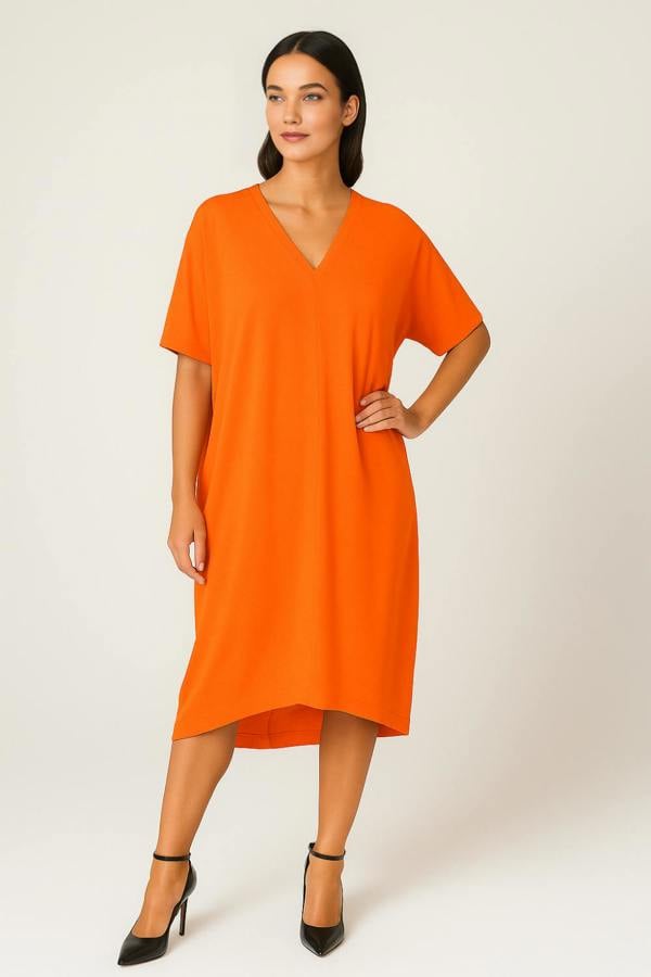 Hoxton Gal Relaxed Fit V-Neck Batwing Sleeve Midi Dress Kaftan Style in Orange