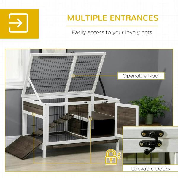 Rabbit hutch with openable roof and lockable door on white wire frame