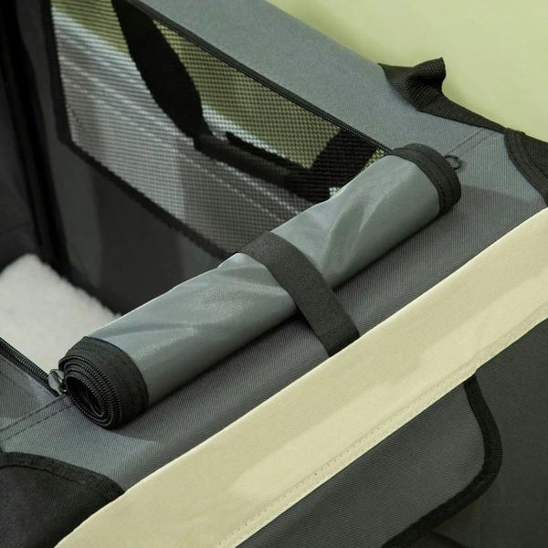 Rolled grey cushion mat inside carrier with securing straps and zippered side cover