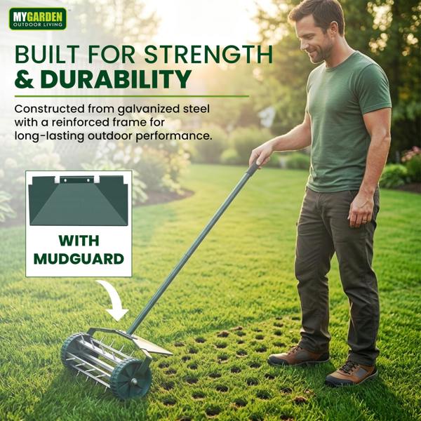 My Garden Outdoor Living My Garden Rolling Lawn Aerator with Handle 1.22M - Grass Spike Aerator Roller Steel Lawn Aerating Tool for Soil Aeration