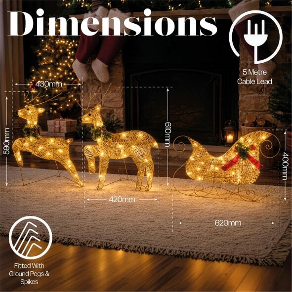 Scotts of Stow Xmas Haus LED Glitter effect  Deer and Sleigh Outdoor Decoration with Timer