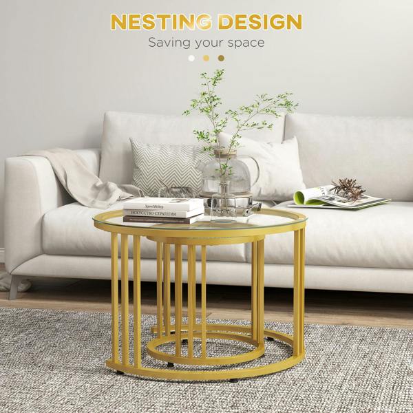 Wyld Haus Livi Metal Gold And Glass Set Of 2 Stripe Round Nesting Coffee Tables