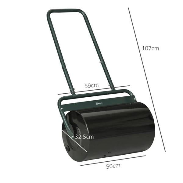 Dark green lawn roller with black cylinder drum and visible size measurements