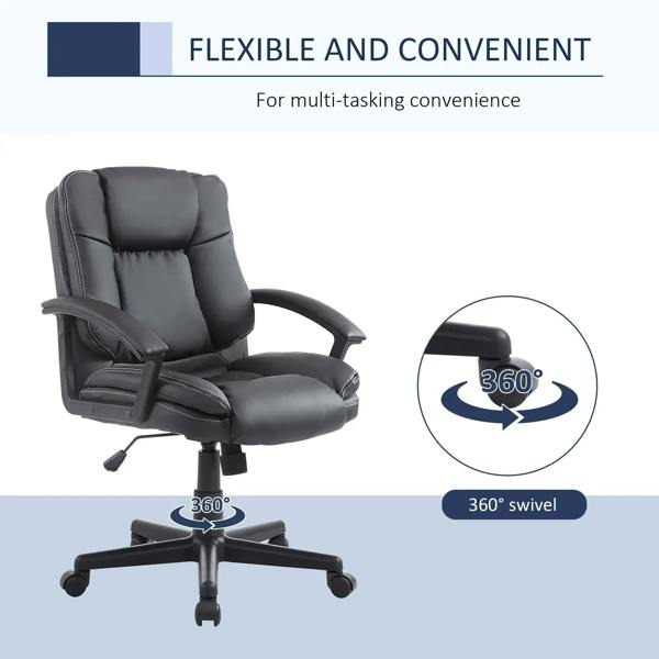 Black PU leather office chair with 360° swivel, padded seat, and cushioned back