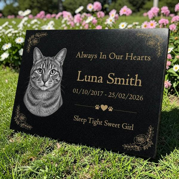 Memorials Direct Cat Memorial Granite Photo Plaque - Floral Design