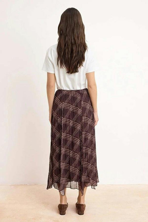 WOVCOR Chiffon Lined Asymmetrical Maxi Skirt with Elastic Waist and Plaid Hem