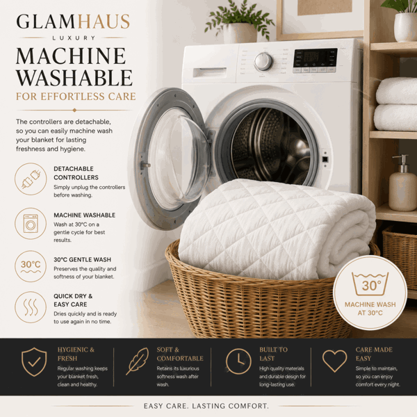 GlamHaus Super King Electric Blanket - Fitted Mattress Bed Cover - White Diamond Quilted - Settings for Feet and Body, Timer