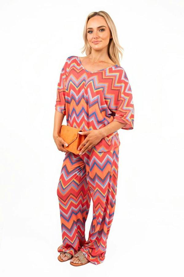 Reina Zigzag Print Top And Wide Leg Trousers Co-ord Set - Red