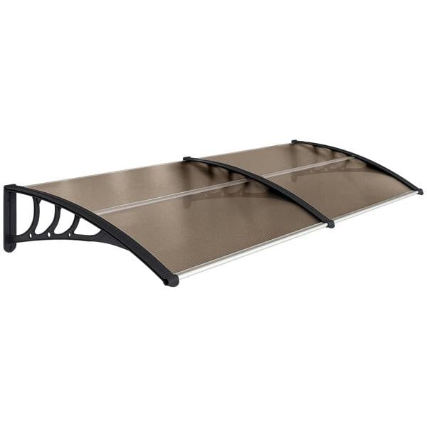 Brown front door canopy awning with smoky polycarbonate panels and black mounting arms