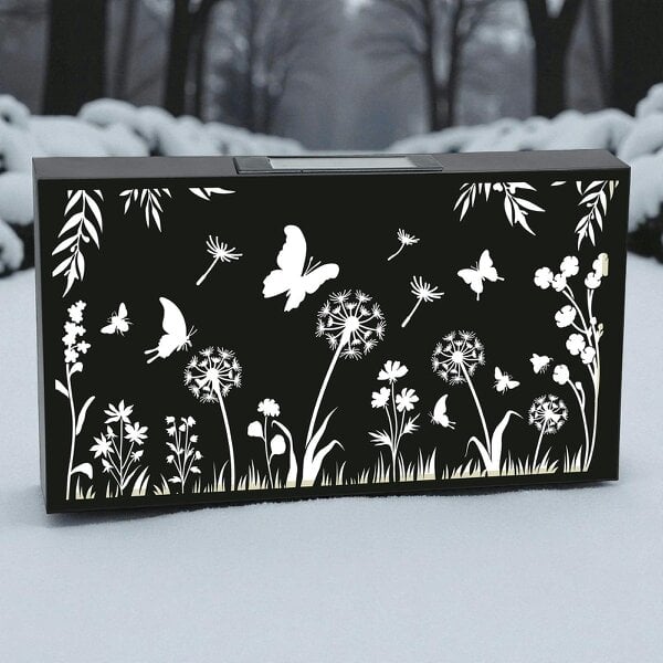 EDH Door Hardware Landscape Solar Wall Panel with Butterfly Outdoor Metal Wall Art with Warm LED Light Weatherproof Garden & Patio Décor