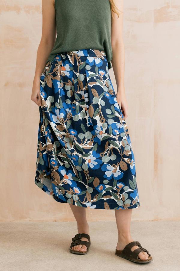 St Ives Linen Blend Print Midi Skirt
