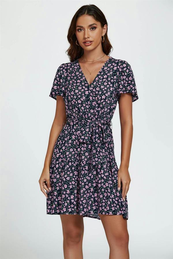 FS Collection Floral Print Hem Tiered Wrap Mini Dress In Navy