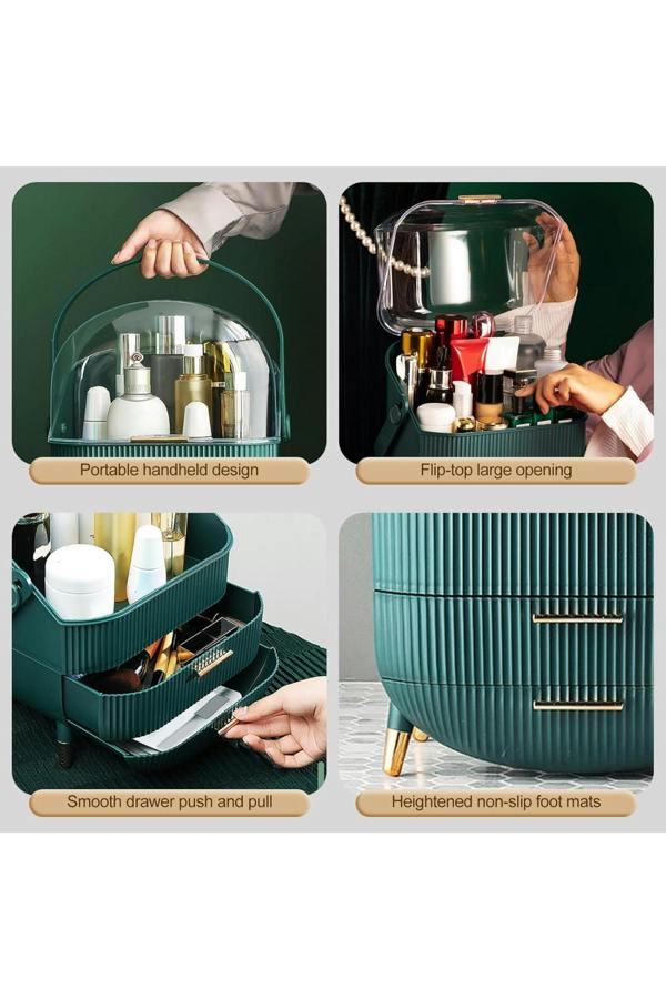 Dyzi Green & Clear Dustproof Makeup Organizer with 2 Drawers & Handle