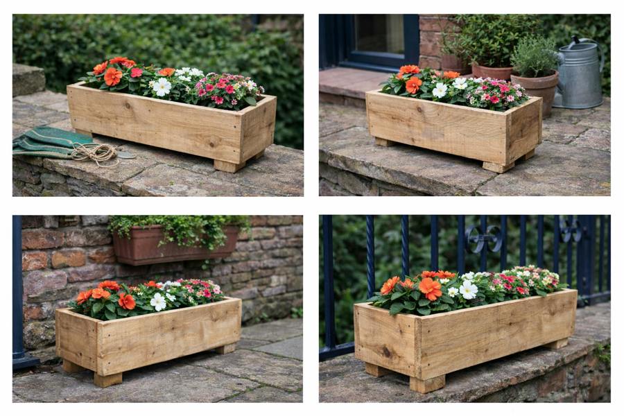 Upcycled scaffold board garden trough planter planted with flowers in a patio setting